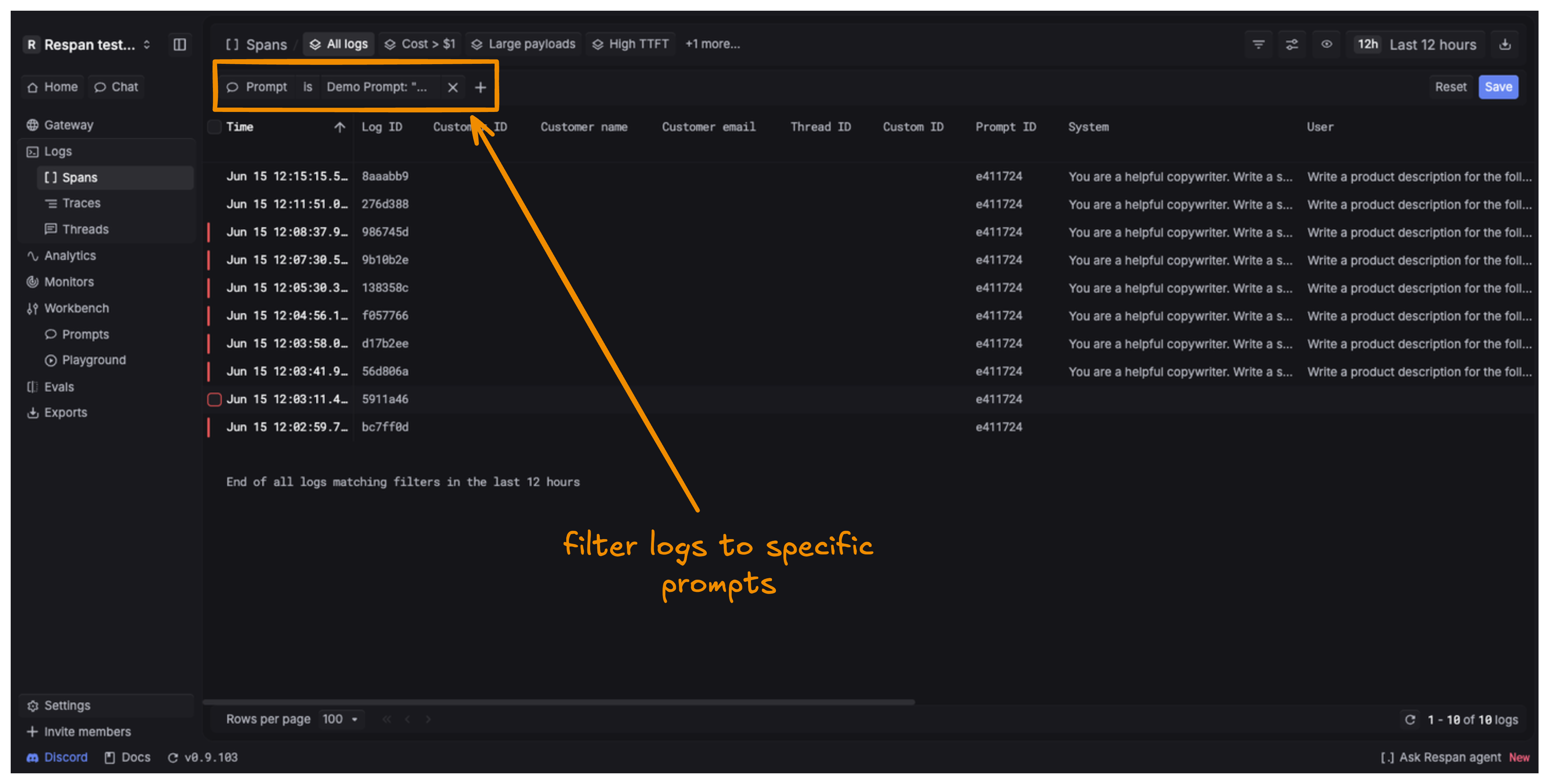 The Spans page filtered by Prompt, showing only the logs for a specific prompt.