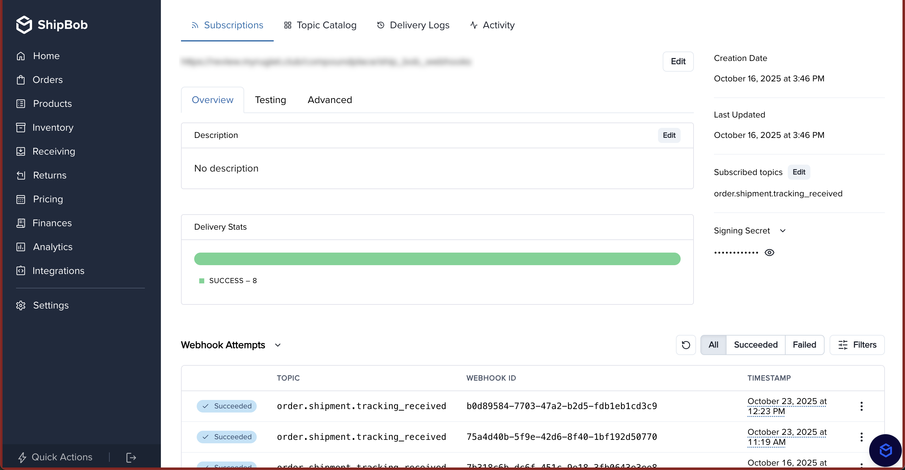 Tracking received webhook