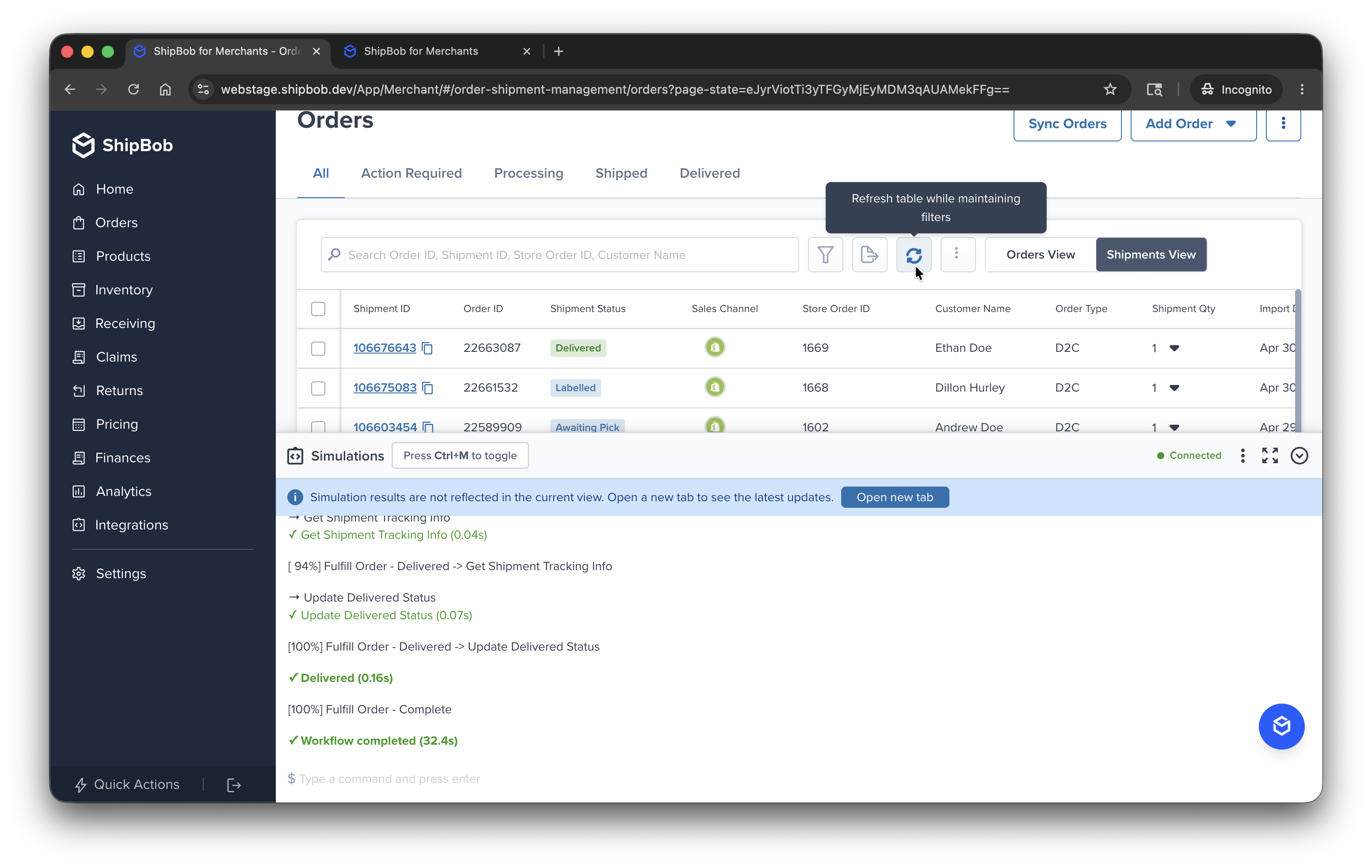 Simulation Terminal on the Orders page