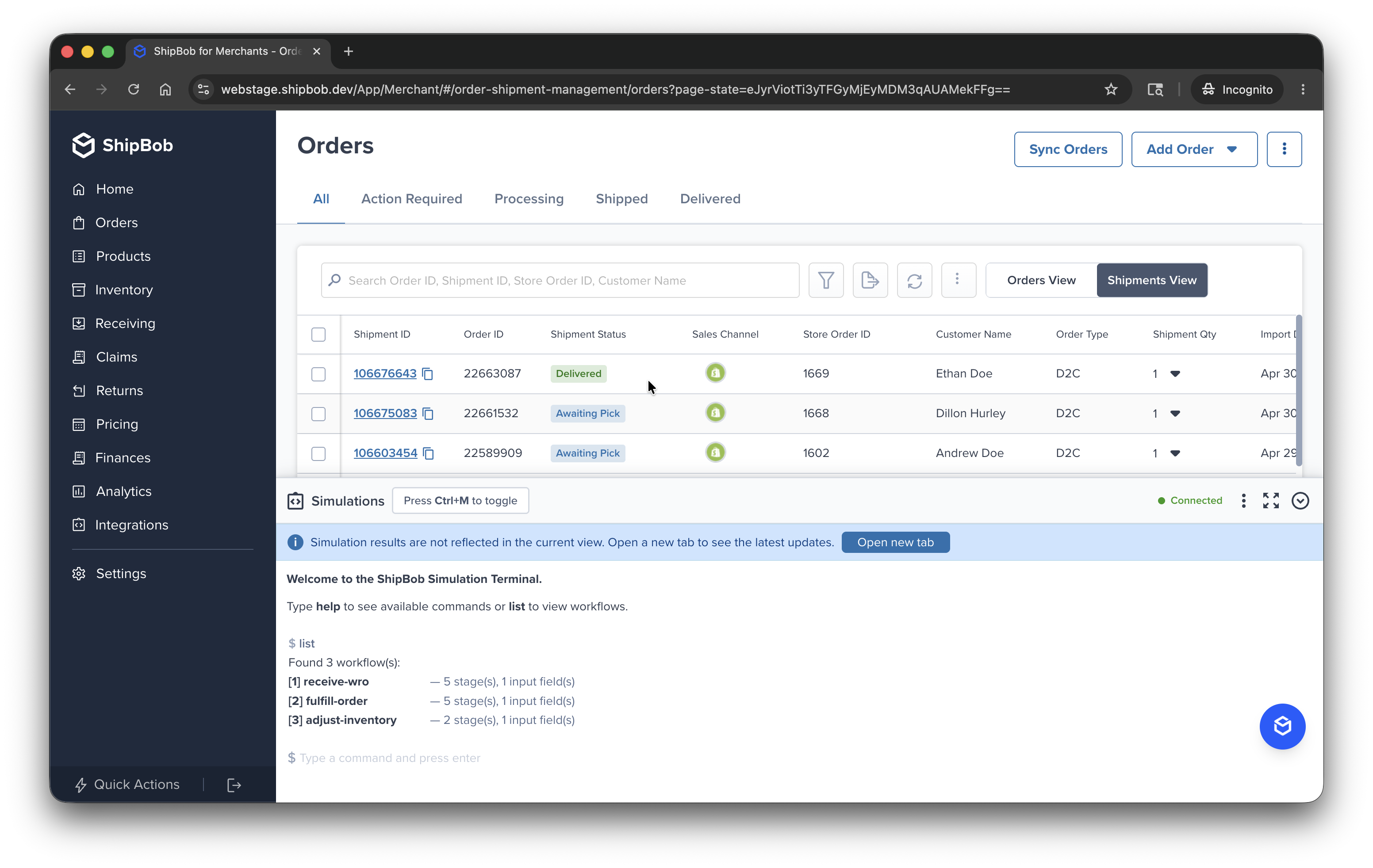 Simulation Terminal on the Orders page