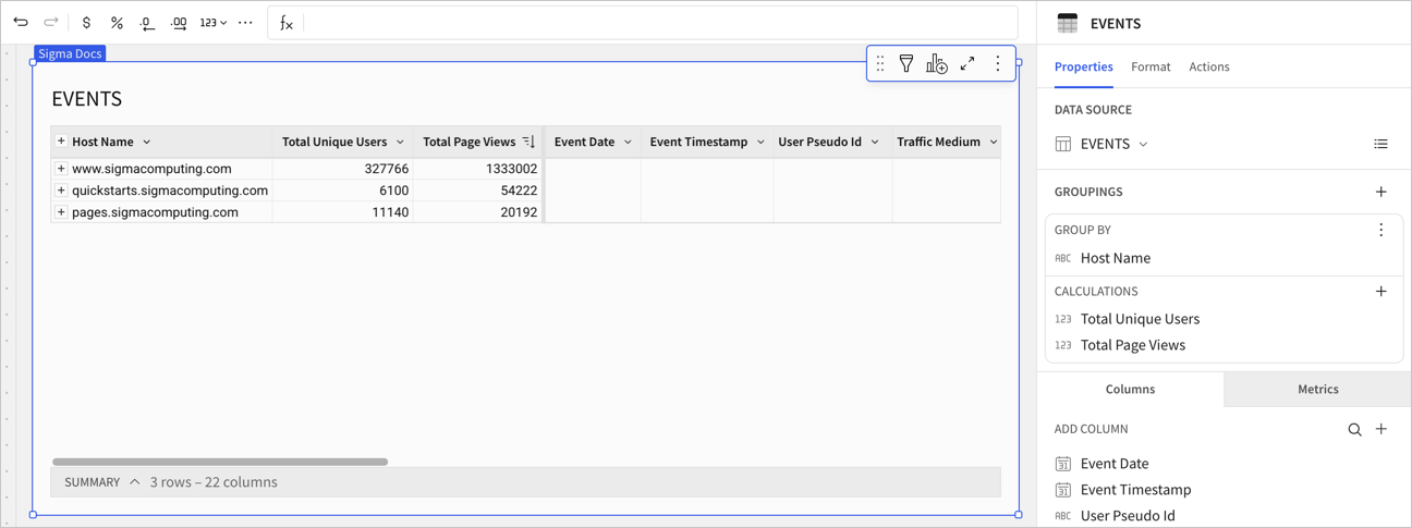 A table named EVENTS with the pages.sigmacomputing.com group expanded, showing individual event rows with columns for Event Date, Event Timestamp, User Pseudo Id, and Traffic Medium, with a minus sign next to the host name to collapse the group.
