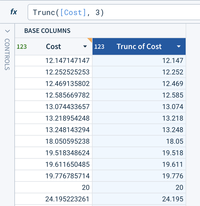 Screenshot showing an applied Trunc truncating the value of each row of the input column to 3 decimal places
