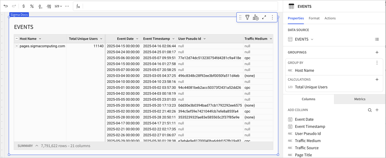 A table named EVENTS grouped by Host Name with Total Unique Users and Total Page Views calculations for 3 hosts, with the editor panel displaying both calculations under the Host Name grouping.