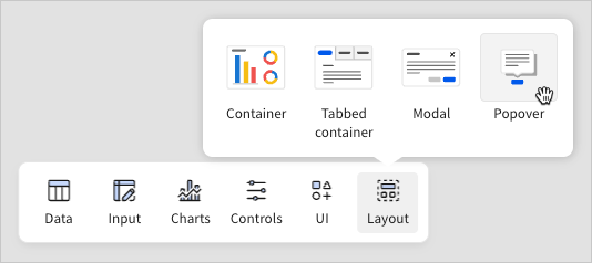 Image of the Add elements bar with the Layout > Popover option highlighted for selection