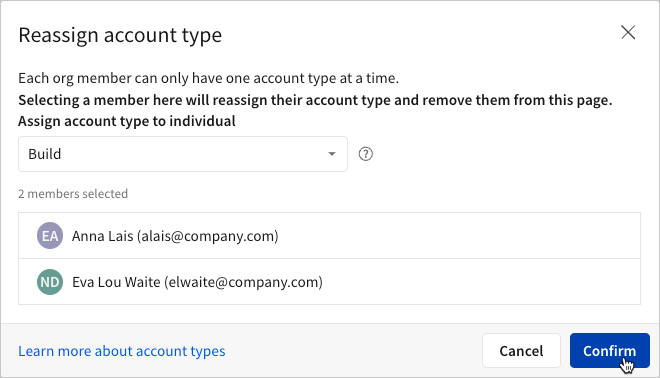 Image of the modal that appears when reassigning users'account types. 
