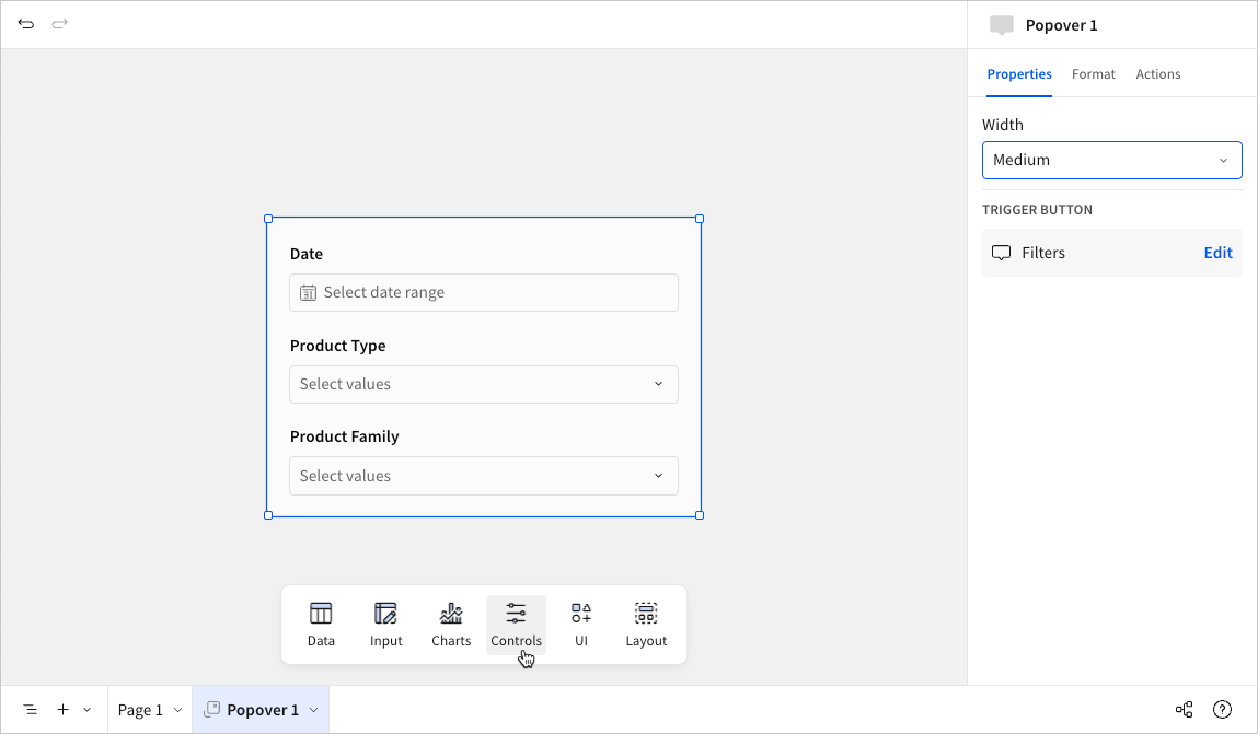 Image of the popover configuration page displaying the popover container, editor panel, and the Add element bar with the Controls option highlighted for selection