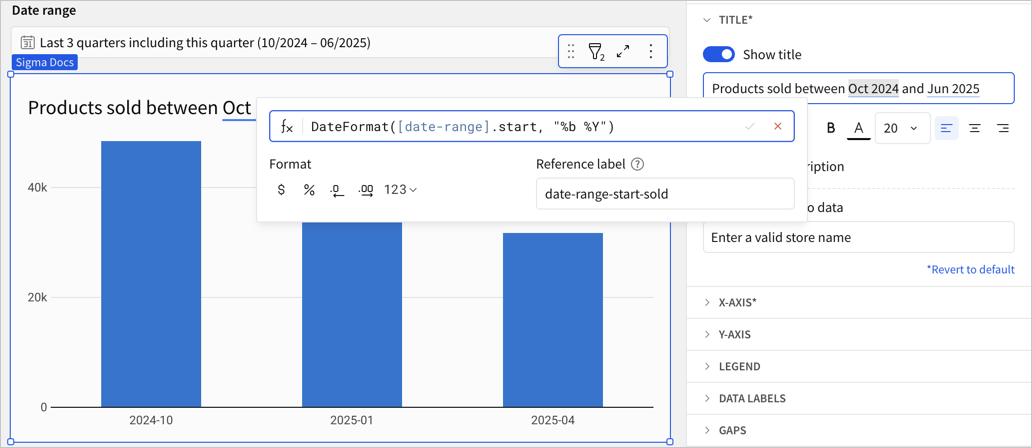 Title editing in the sidebar with the dynamic text popover shown featuring the described formula of DateFormat([date-range].start, “%b %Y”) and a reference label of date-range-start-sold