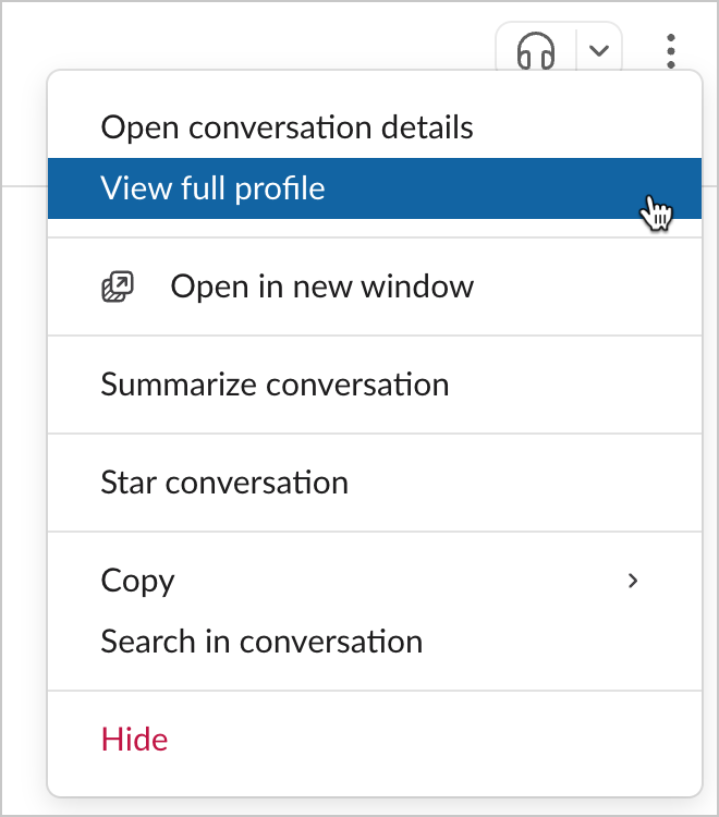 A user in Slack hovers their mouse over an option that reads 'View full profile' inside a dropdown menu.