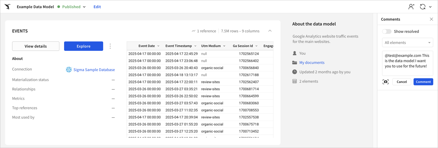 Comment panel open for a data model on the data model overview page with an at-mention of @test@example.com, saying This is the data model I want you to use for the future! and options to comment or cancel.