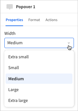 Image of the editor panel open to the Properties tab with the Width dropdown field selected and open