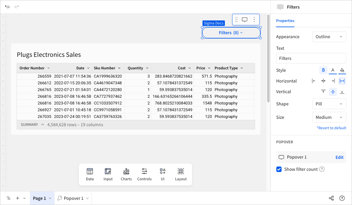 Image of a workbook page containing the popover trigger button, with the popover button properties displayed in the editor panel