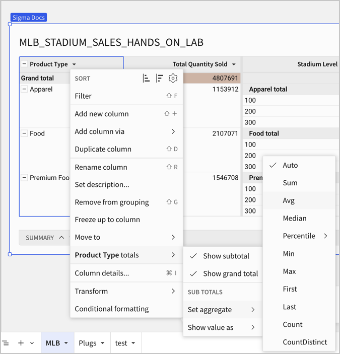 Column menu open showing Product Type totals with Set aggregate selected and Avg hovered over in the last submenu.