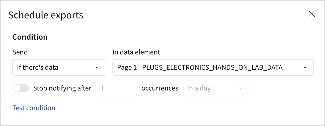 Screenshot of described settings in the Schedule exports dialog