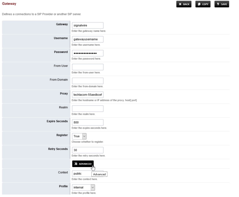 A screenshot of the Gateway form. The Gateway name is set to signalwire. Username, password, and proxy are filled in with appropriate values. Expire seconds is set to 800. Register is set to True. Retry Seconds is set to 30. Under Advanced, the Context is set to Public and the Profile is set to Internal.