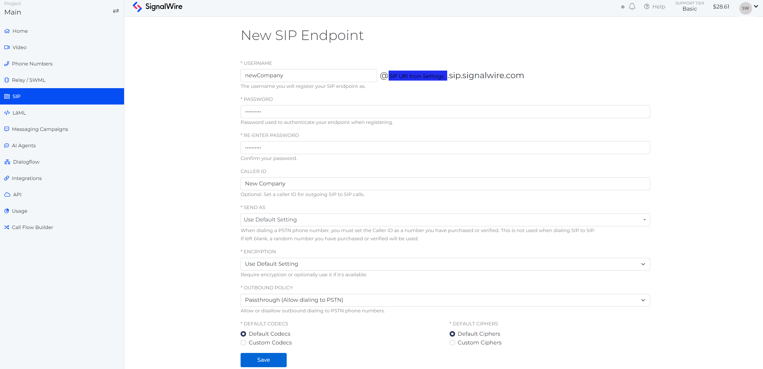 A screenshot of the New Sip Endpoint page, showing username, password, caller ID, and Send As fields