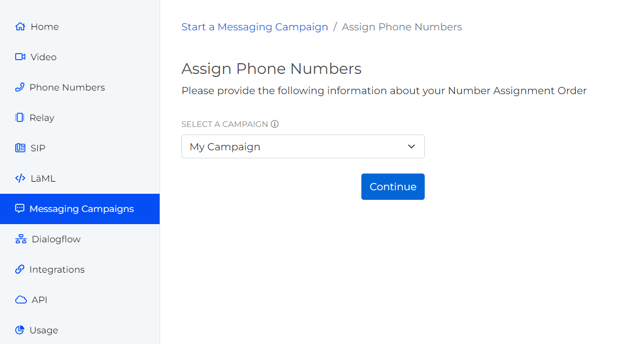 Assign phone numbers page