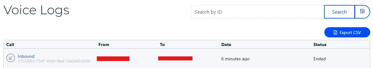 The logs page showing voice logs where inbound faxes will be received.