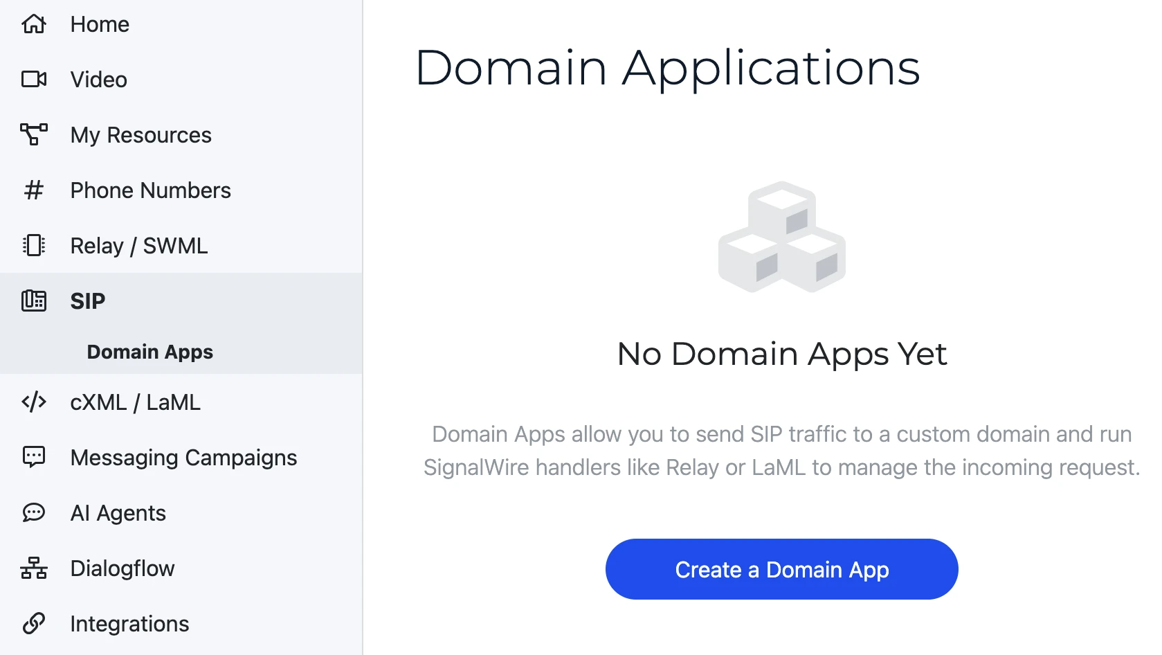 Domain App page with the option to create a new Domain App