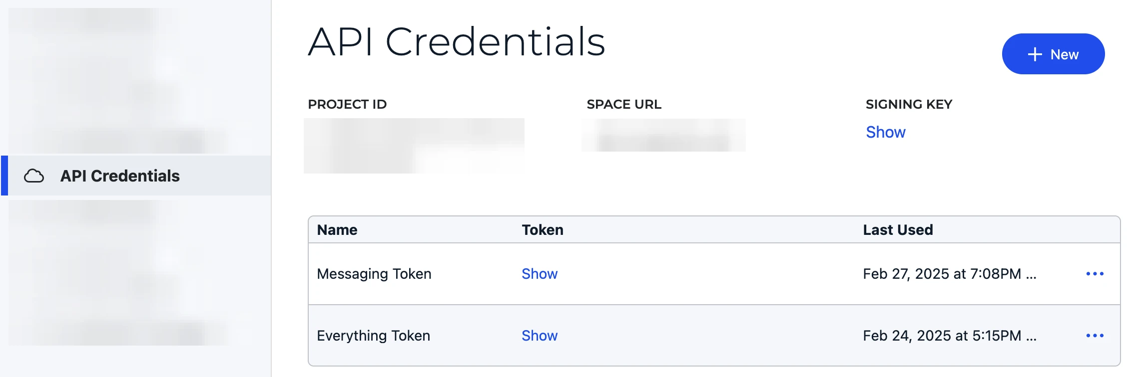 The API Credentials page in a SignalWire Space showing the signing key