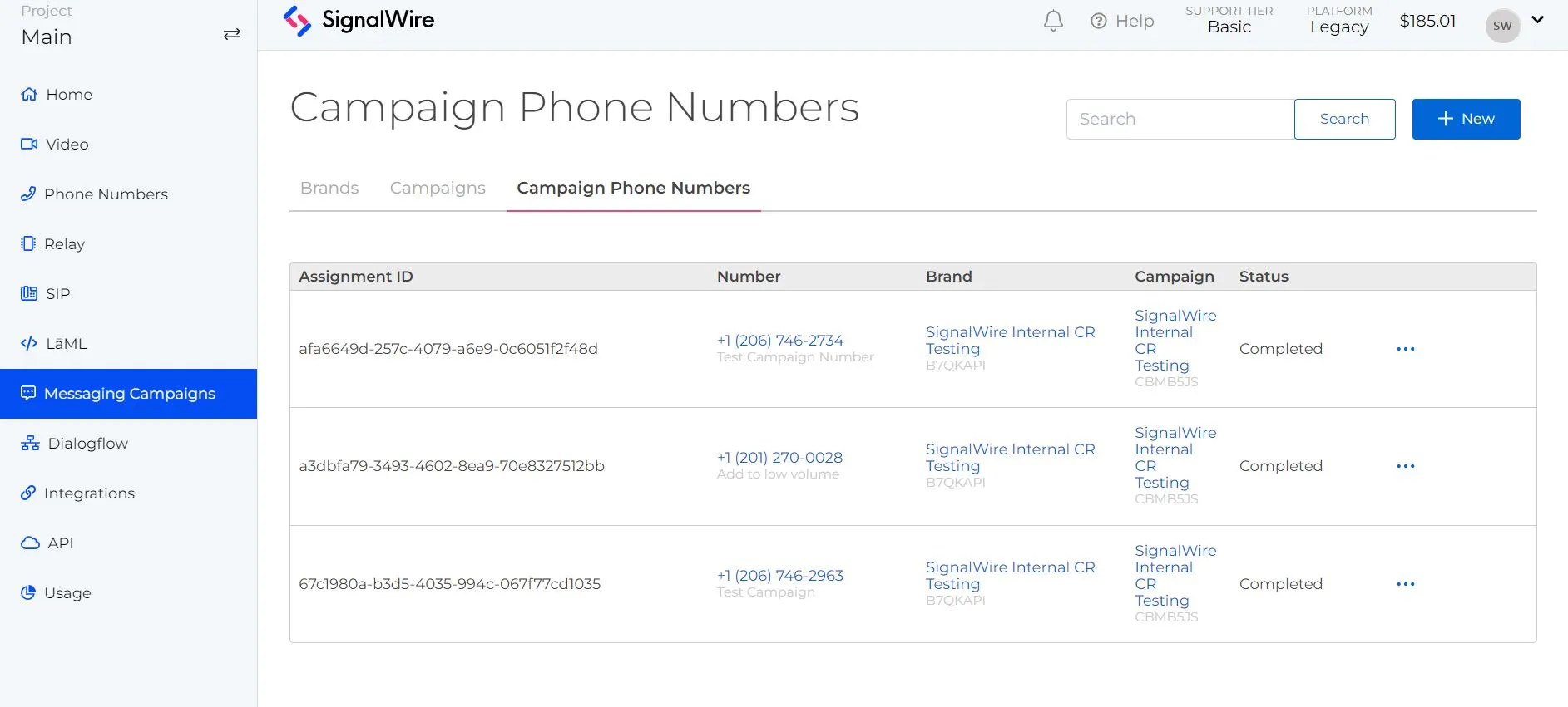 Campaign phone numbers page