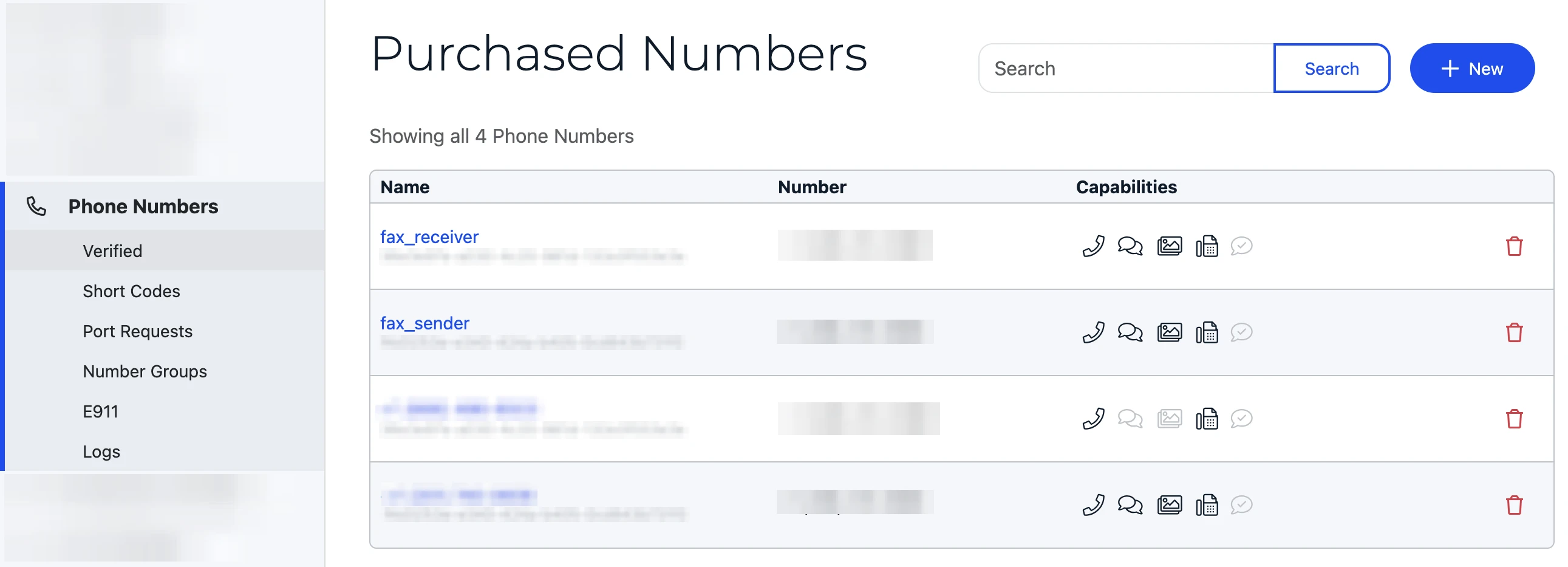 The Phone Numbers tab of a SignalWire Space showing a list of phone numbers