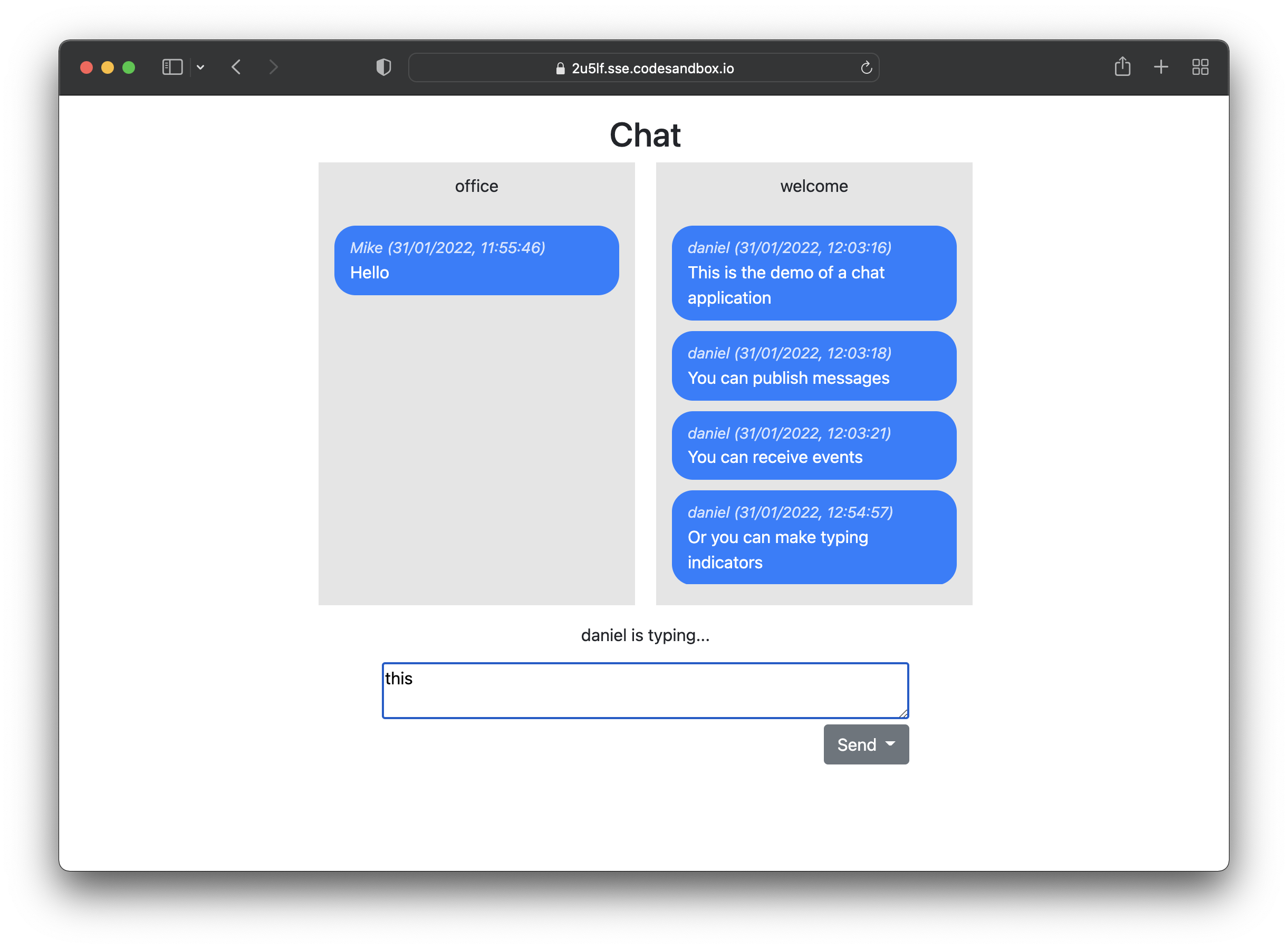 Chat application demo screenshot showing multiple users and messages