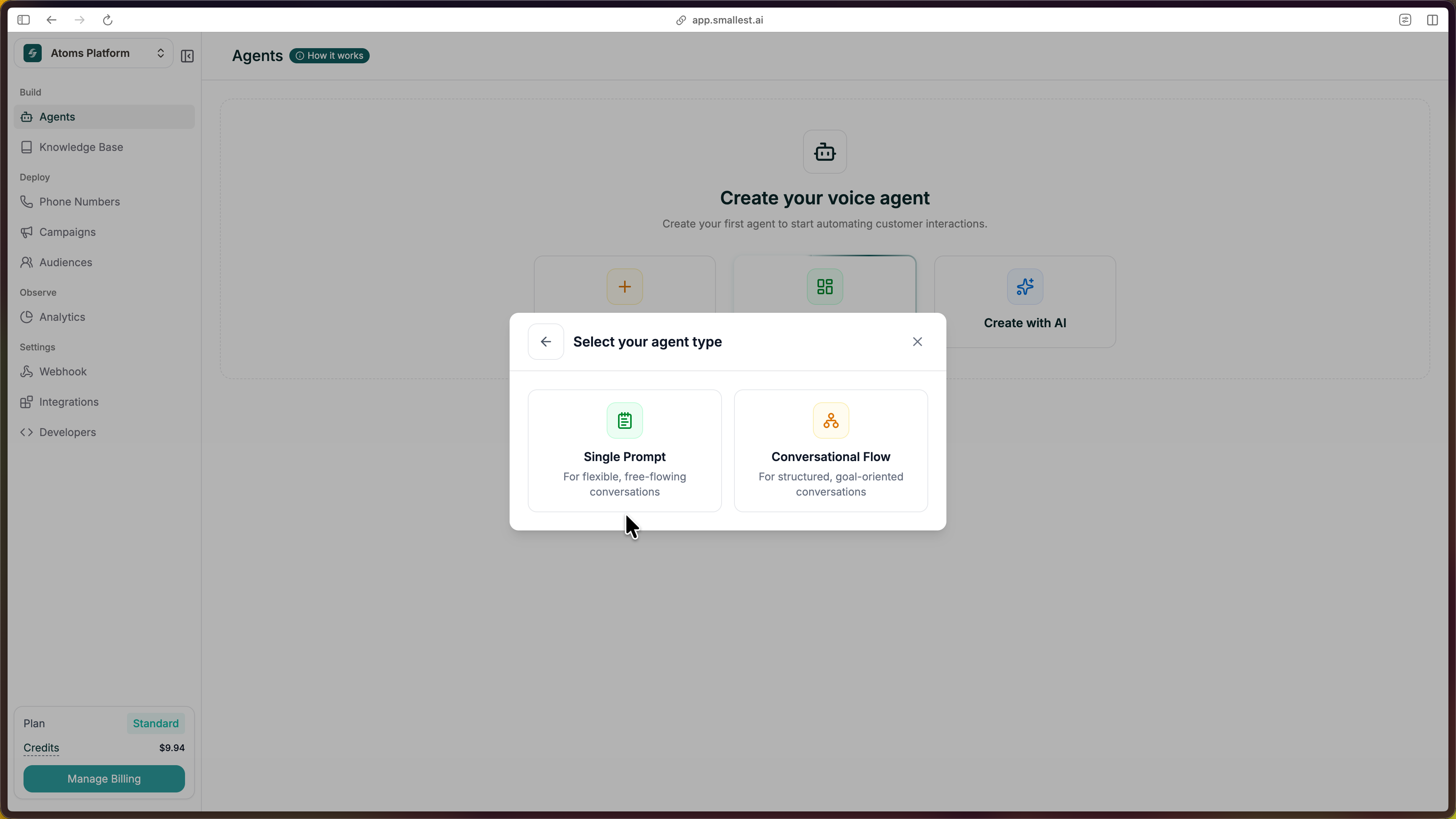 Select Single Prompt agent type