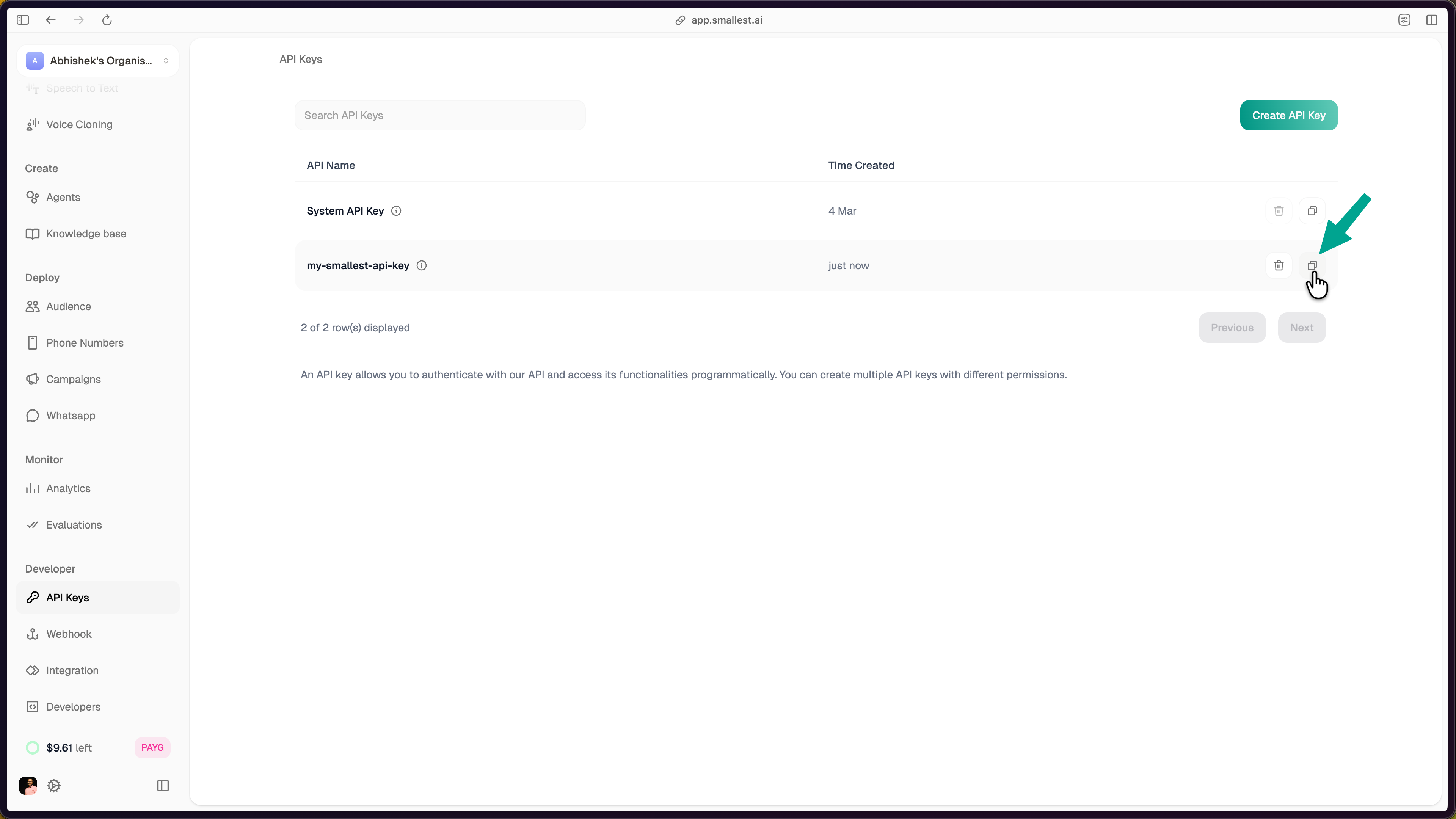 API Keys dashboard showing the newly created key with copy icon highlighted
