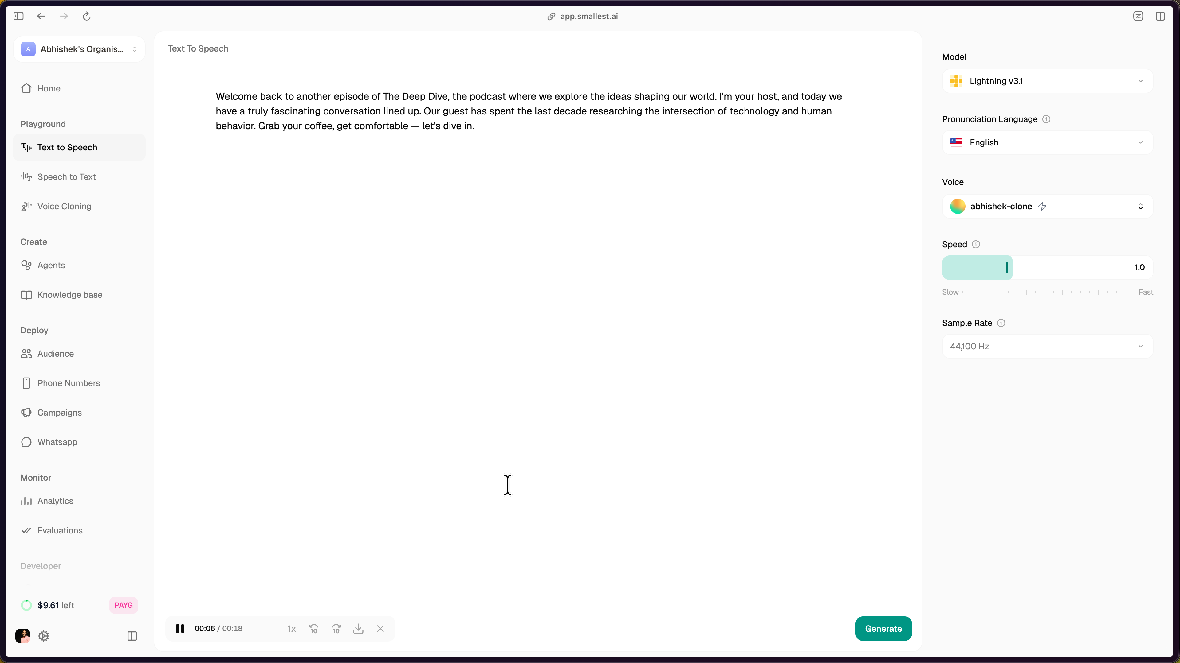 Text to Speech playground showing cloned voice selected with model, language, speed, and sample rate controls