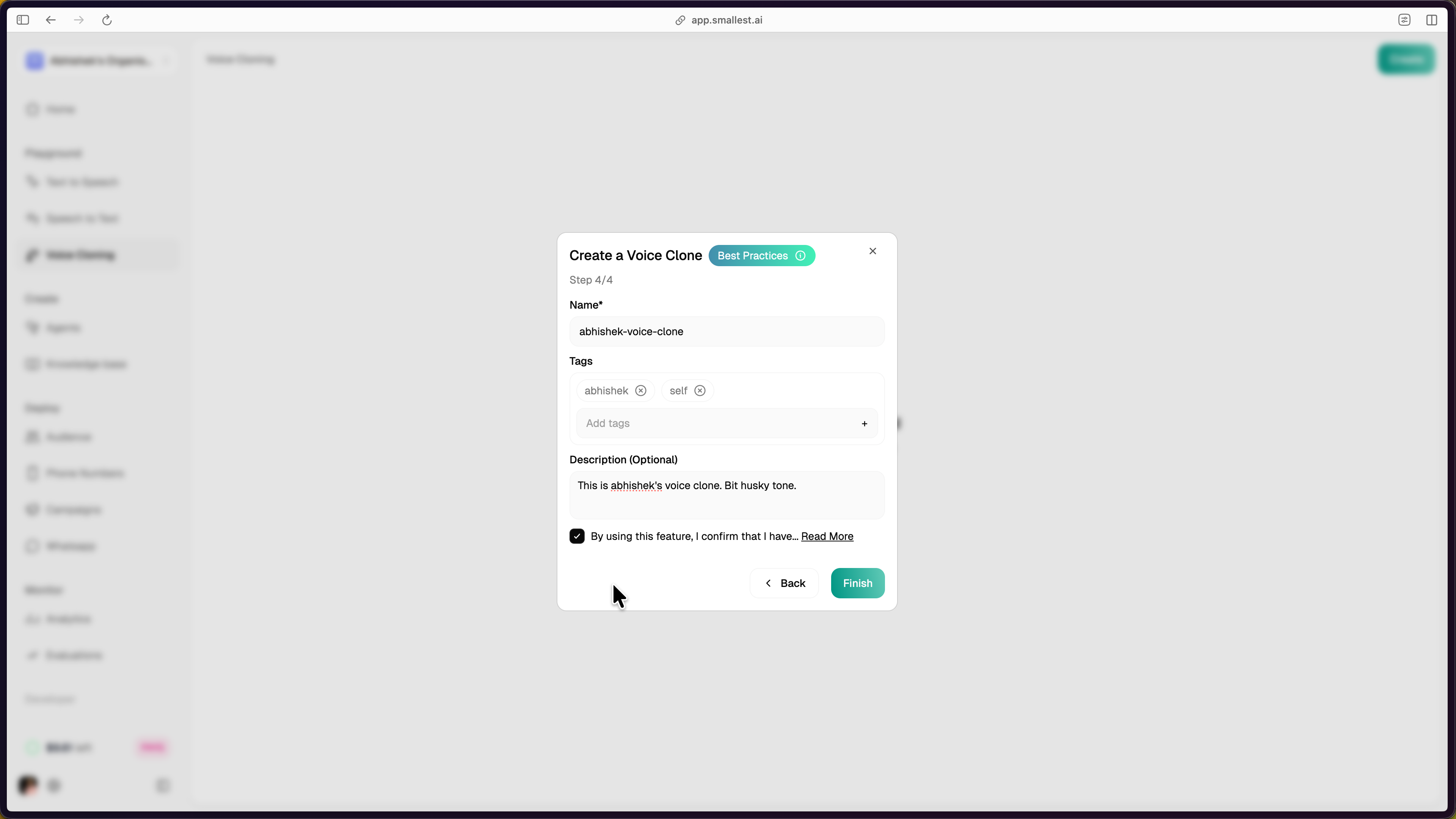 Create a Voice Clone dialog showing name, tags, and description fields with Finish button