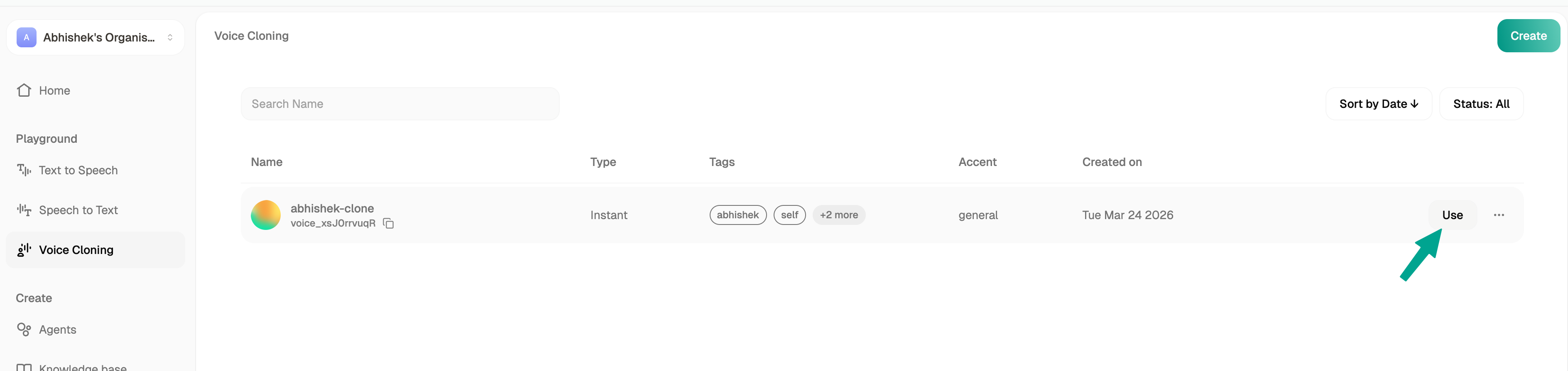 Voice Cloning dashboard with Use button highlighted for the cloned voice