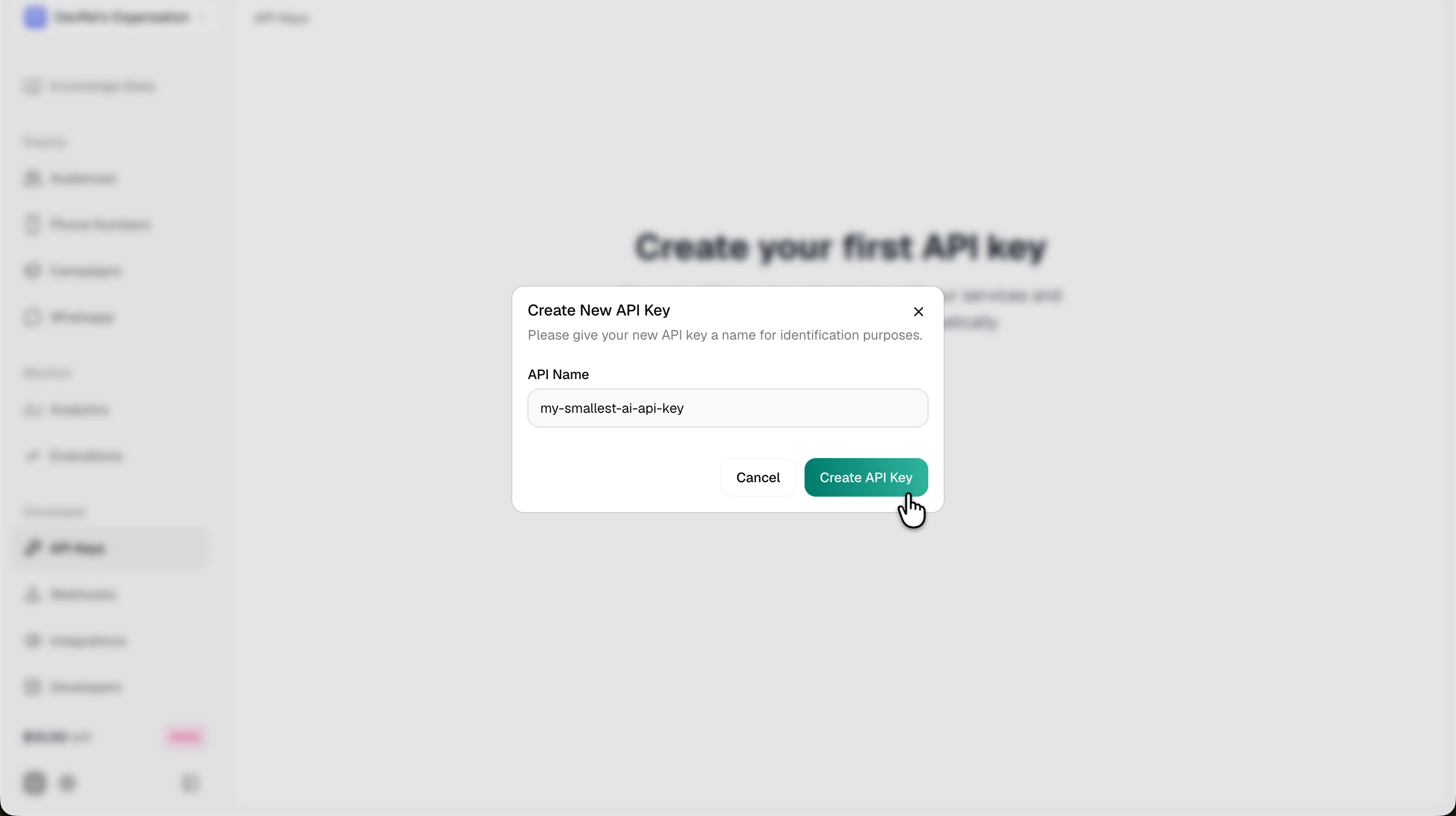 Create New API Key dialog with a name input field and Create API Key button