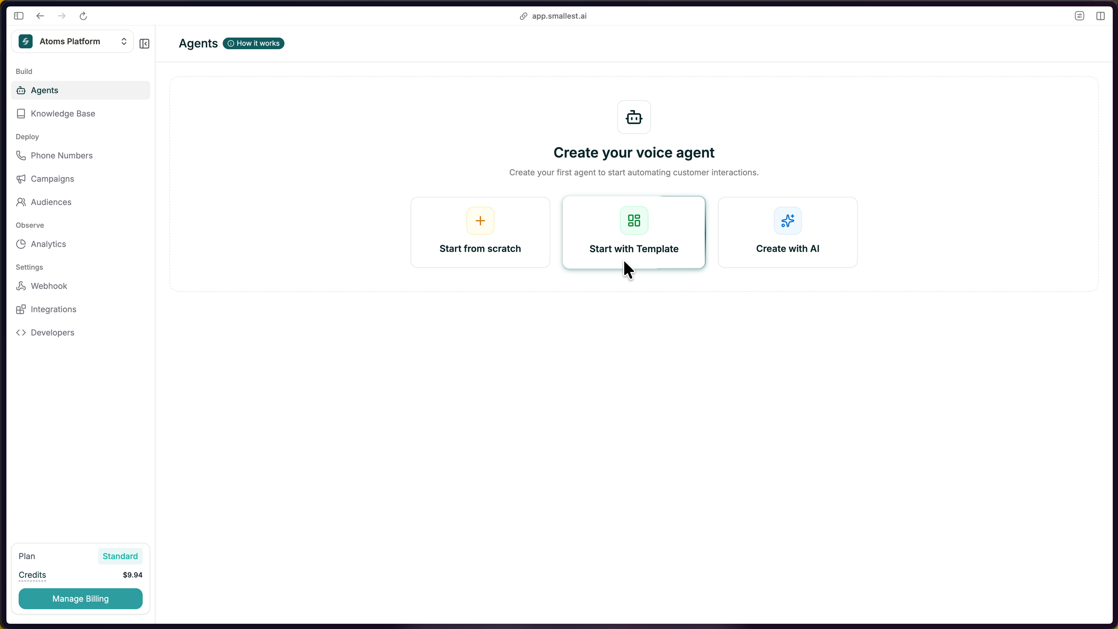Choose Start with Template from the Create Agent modal