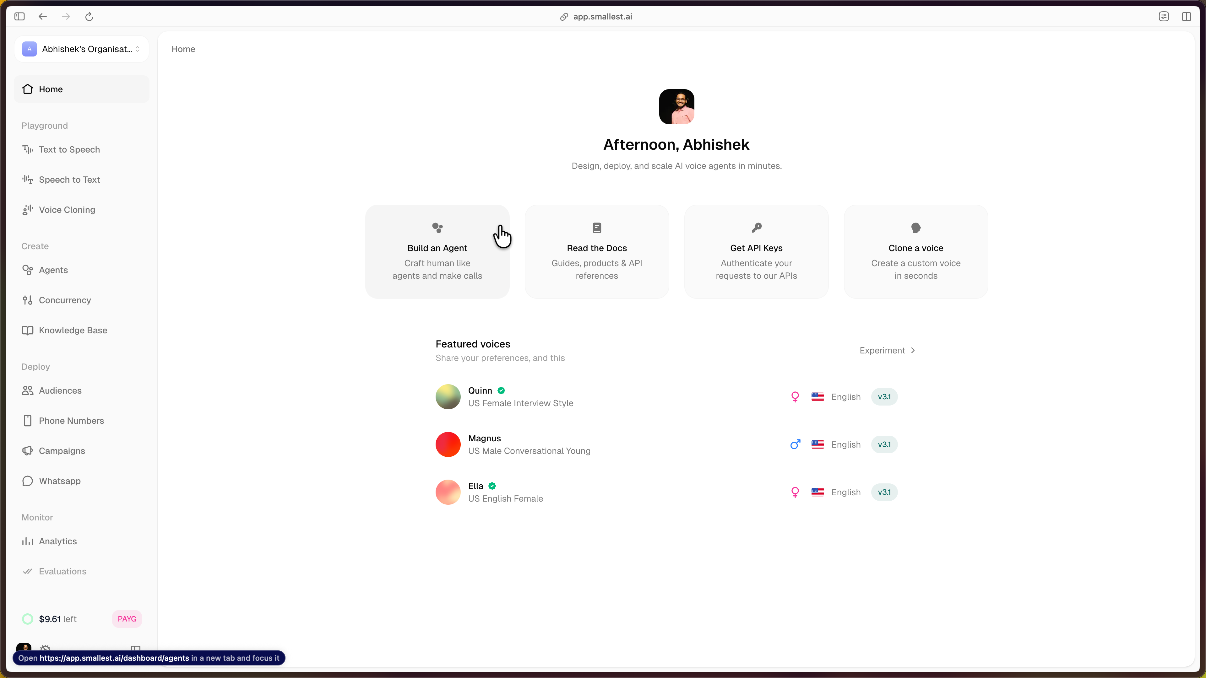 Agents page for atom voice agent platform