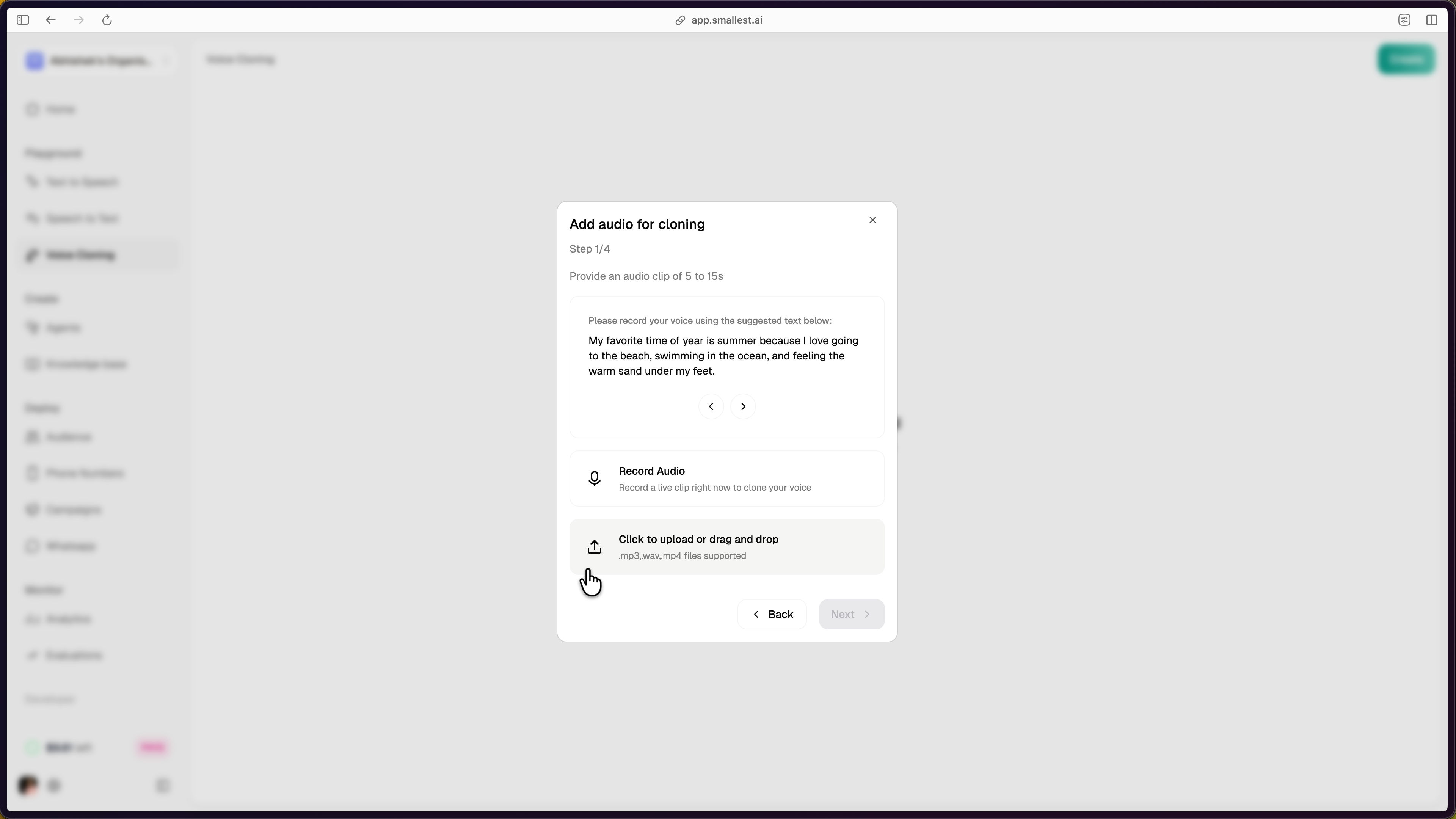 Add audio for cloning dialog showing Record Audio and upload options