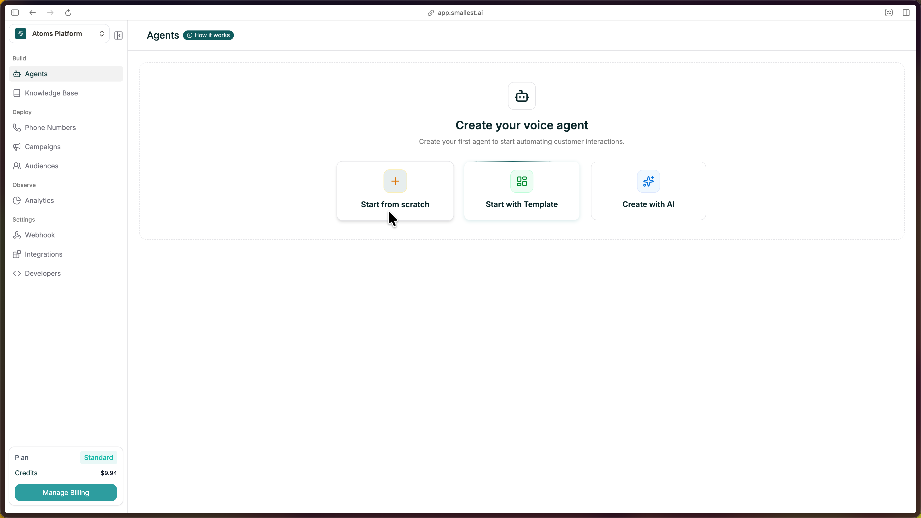 Start From Scratch button in Create Agent modal