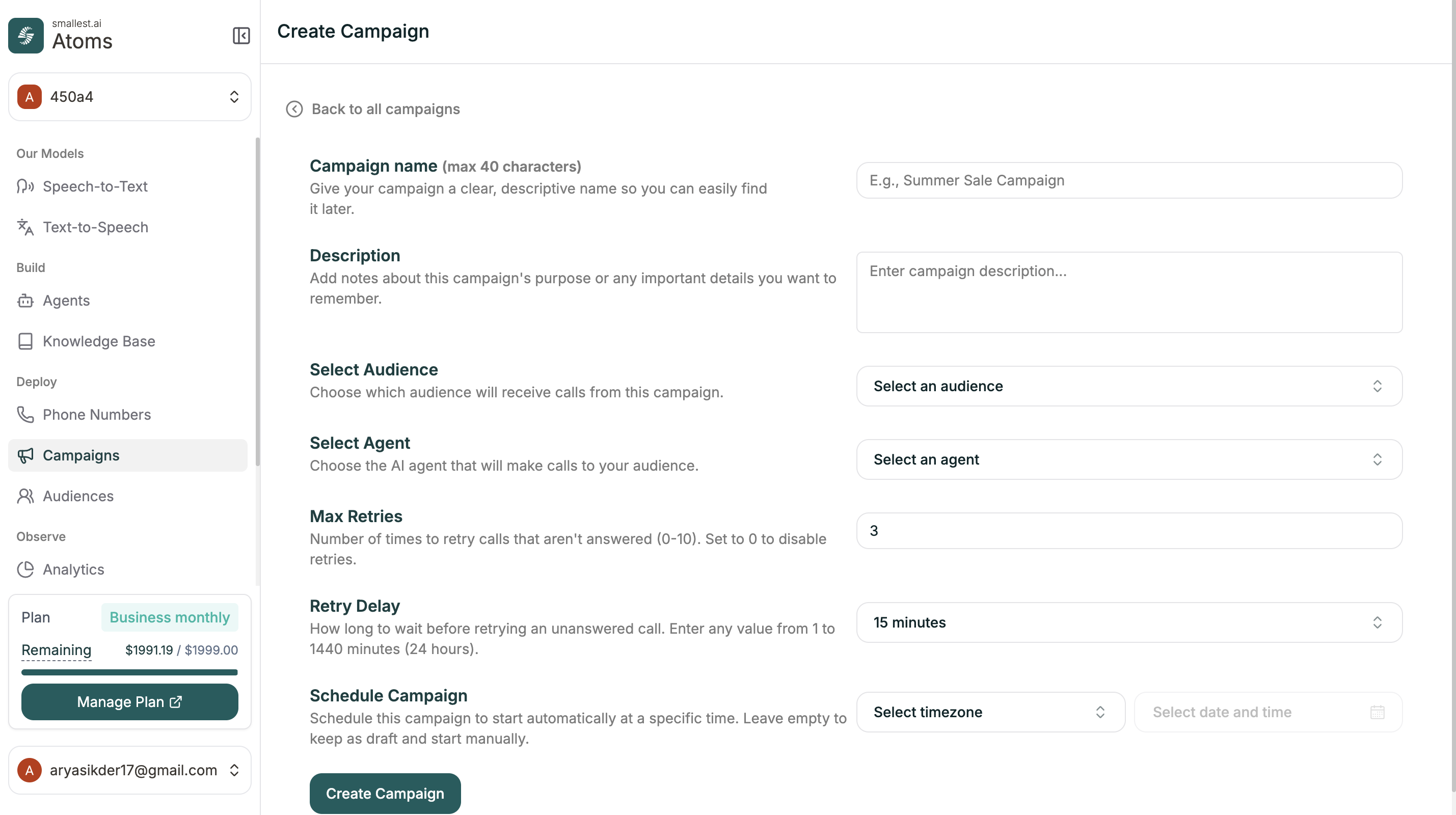 Create Campaign form