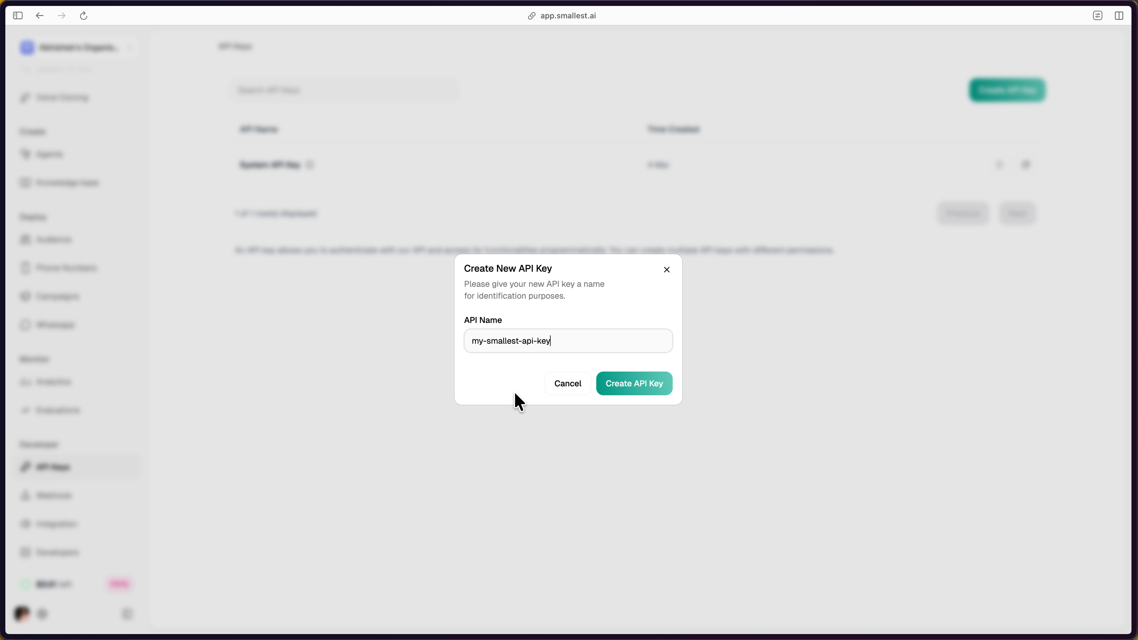 Create New API Key dialog with API Name field and Create API Key button