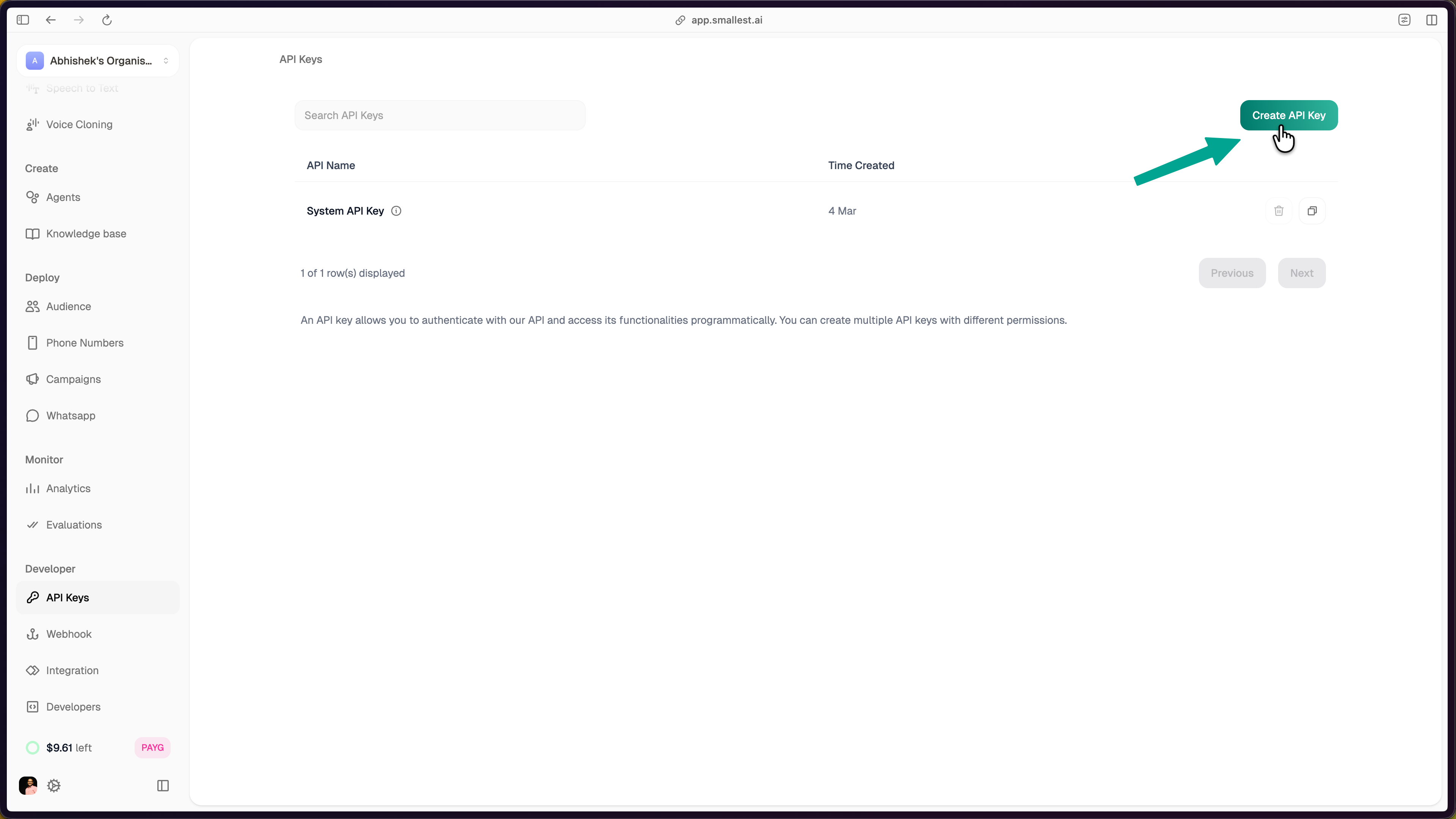 API Keys page showing the Create API Key button