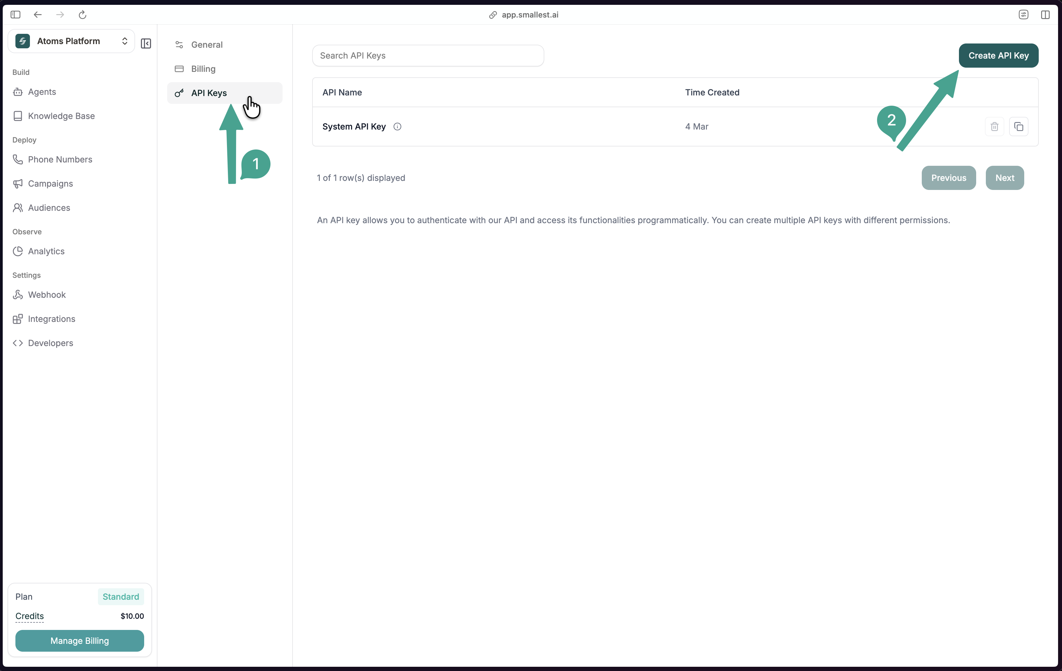 API Keys settings page with Create API Key button highlighted