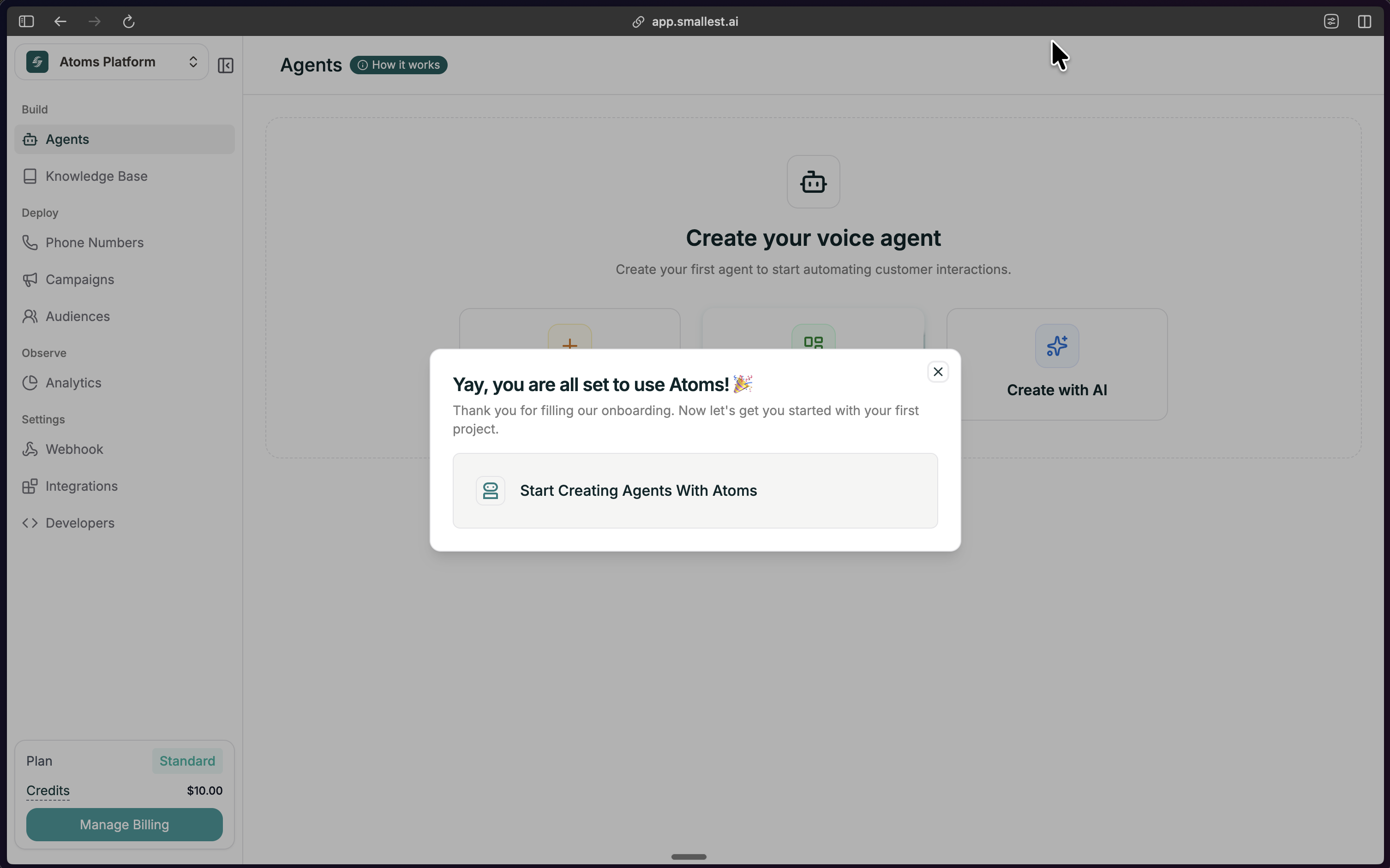 Welcome screen for atom voice agent platform