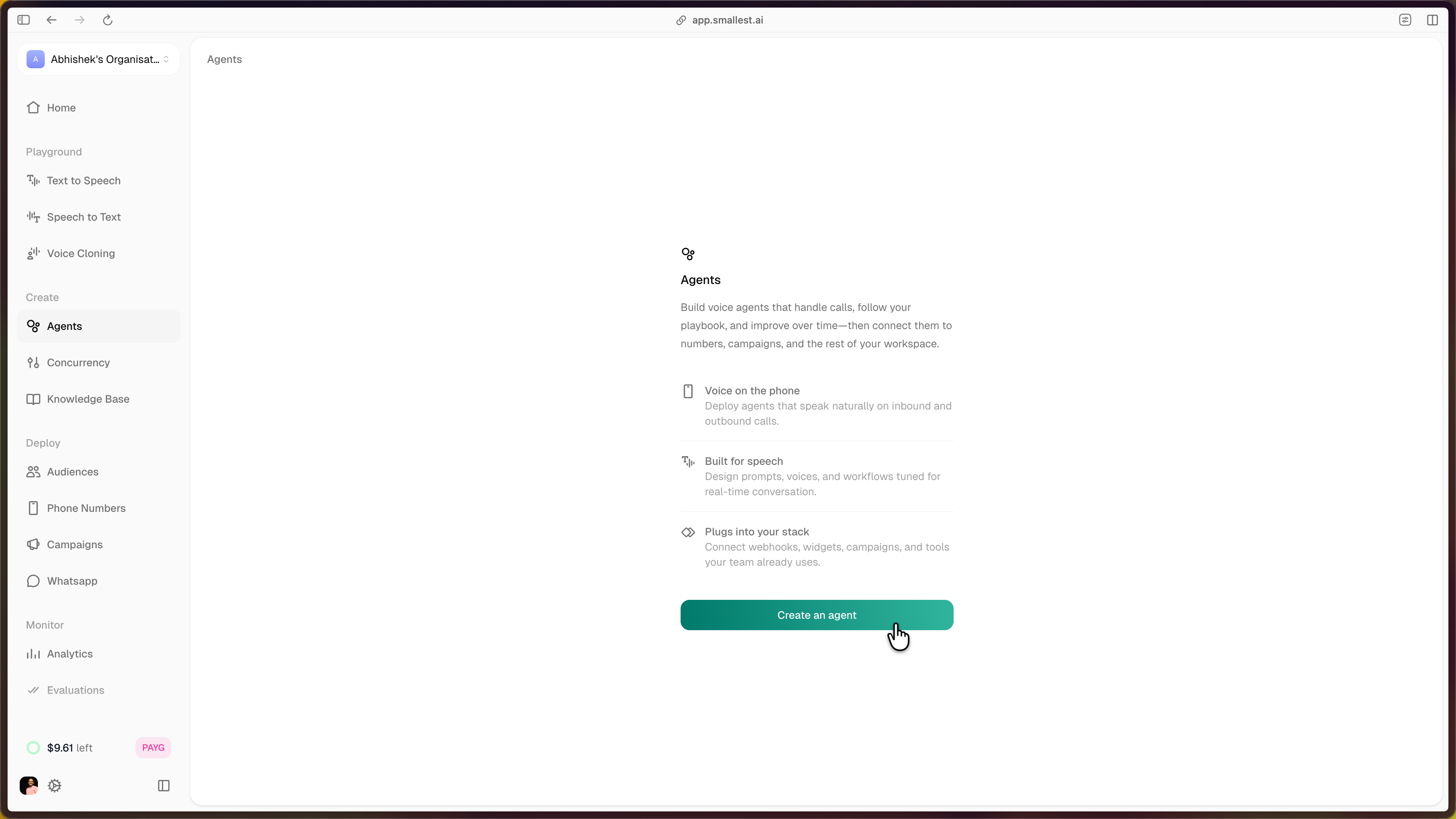 Home dashboard for atom voice agent platform