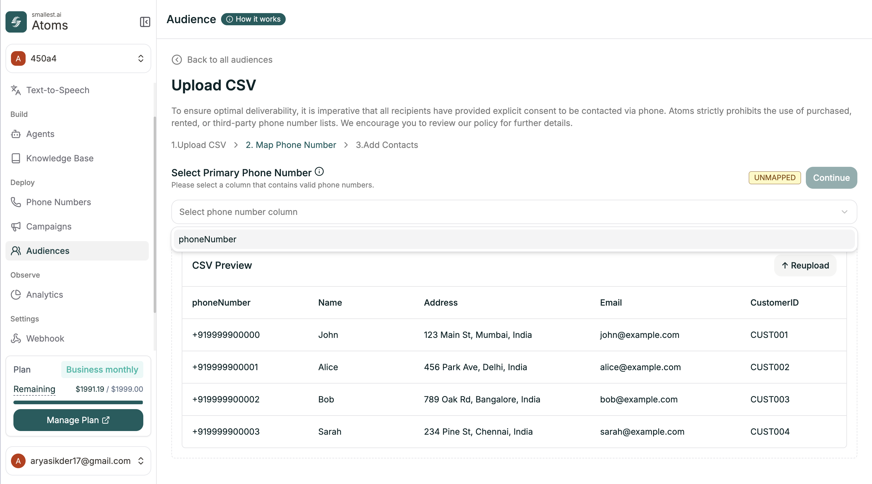 Map phone number column