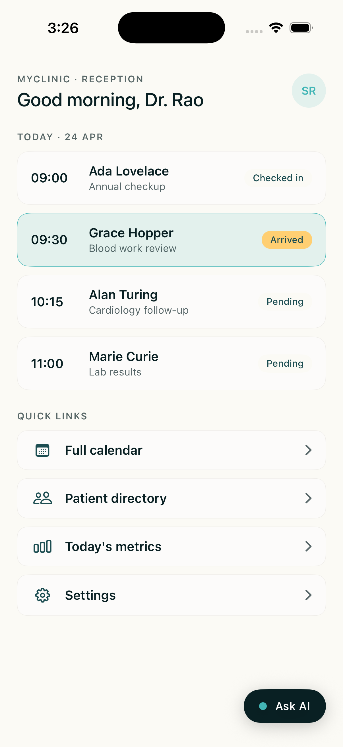 iOS host with Ask AI pill