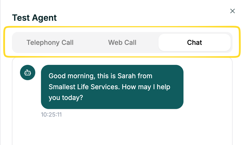 Test your agent via Web Call, Telephony, or Chat