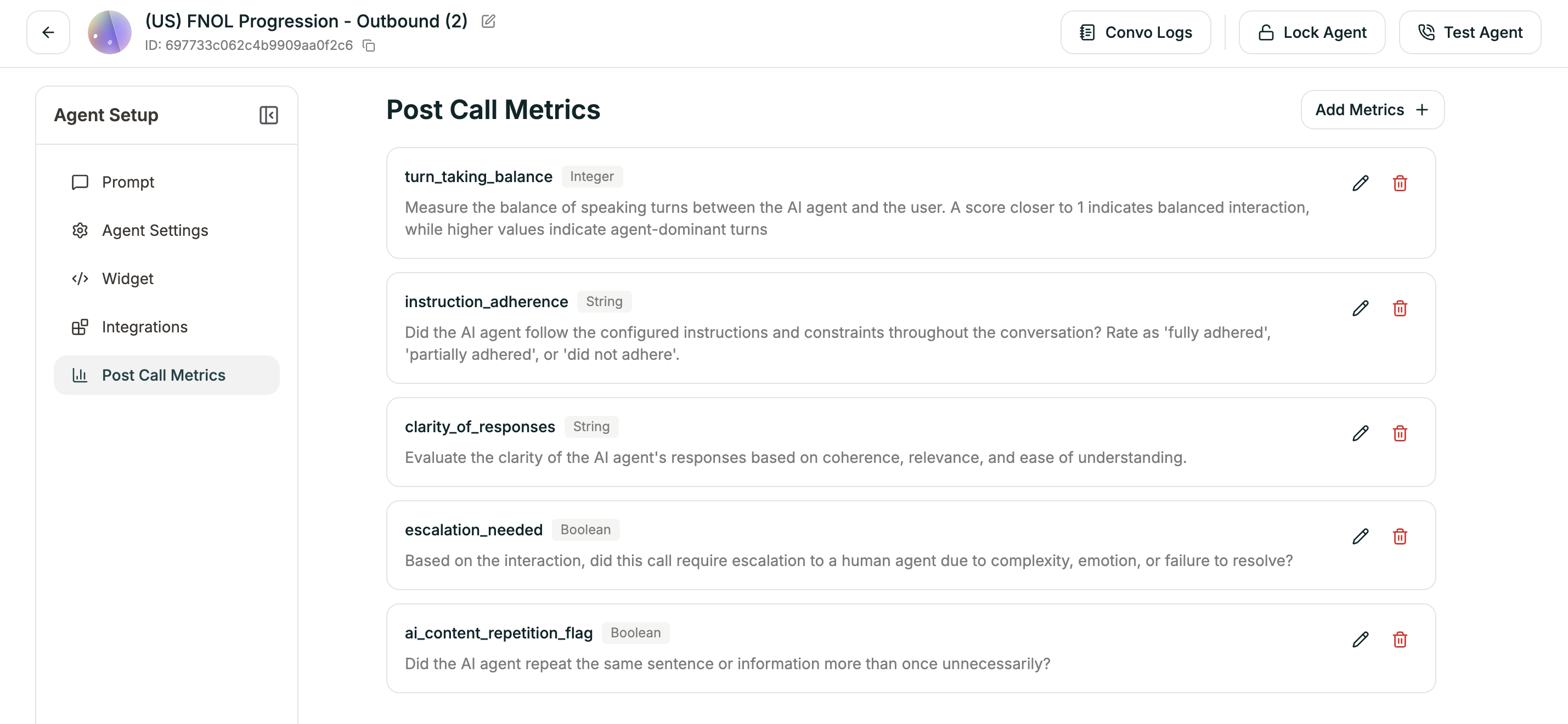 Post-call metrics list