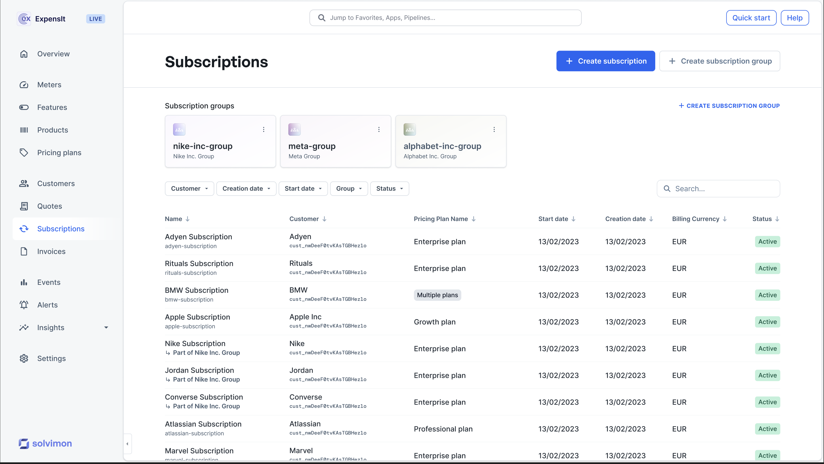 View subscription groups on the Subscriptions overview page
