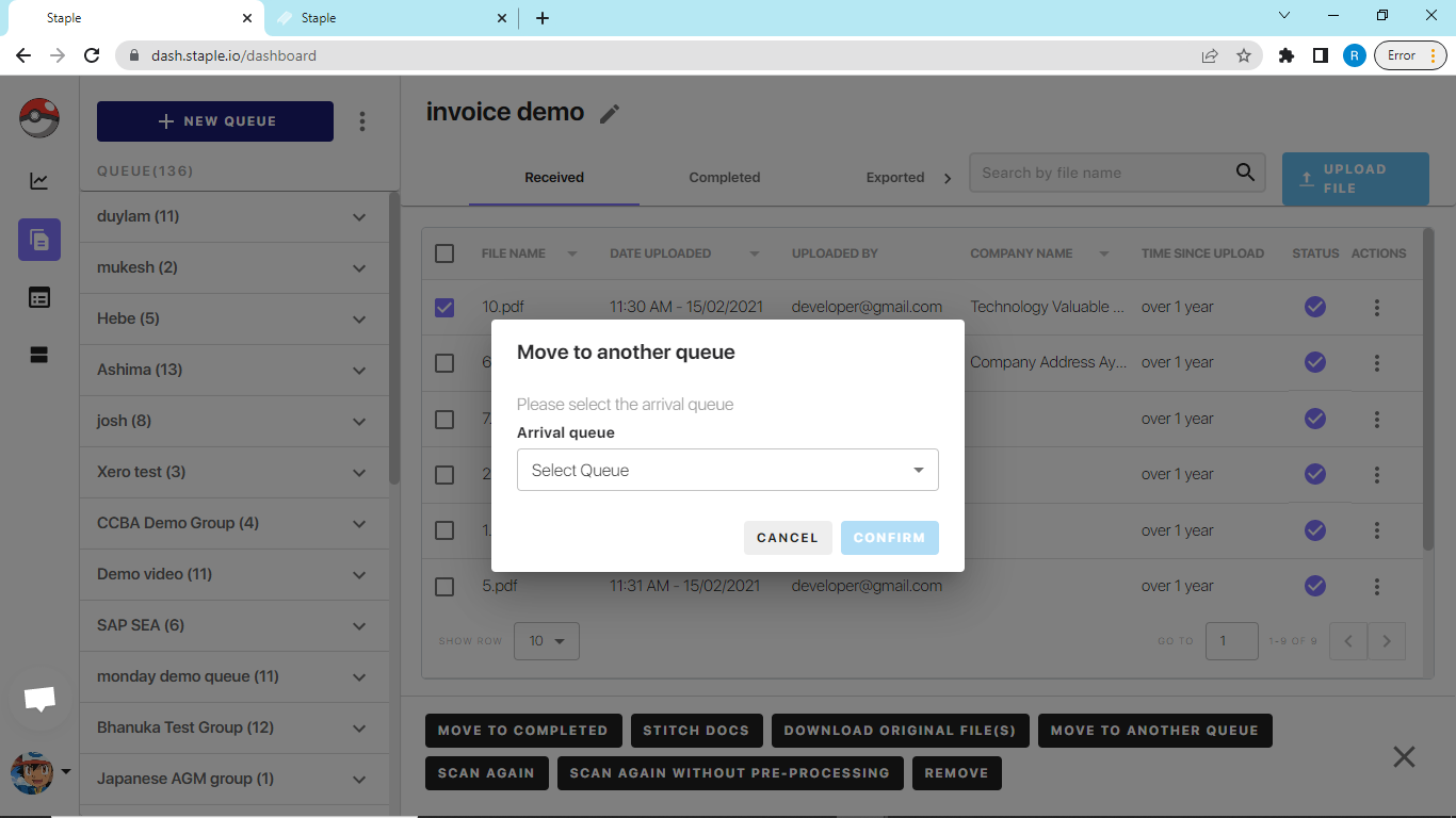 Figure 22: Moving documents between Queues