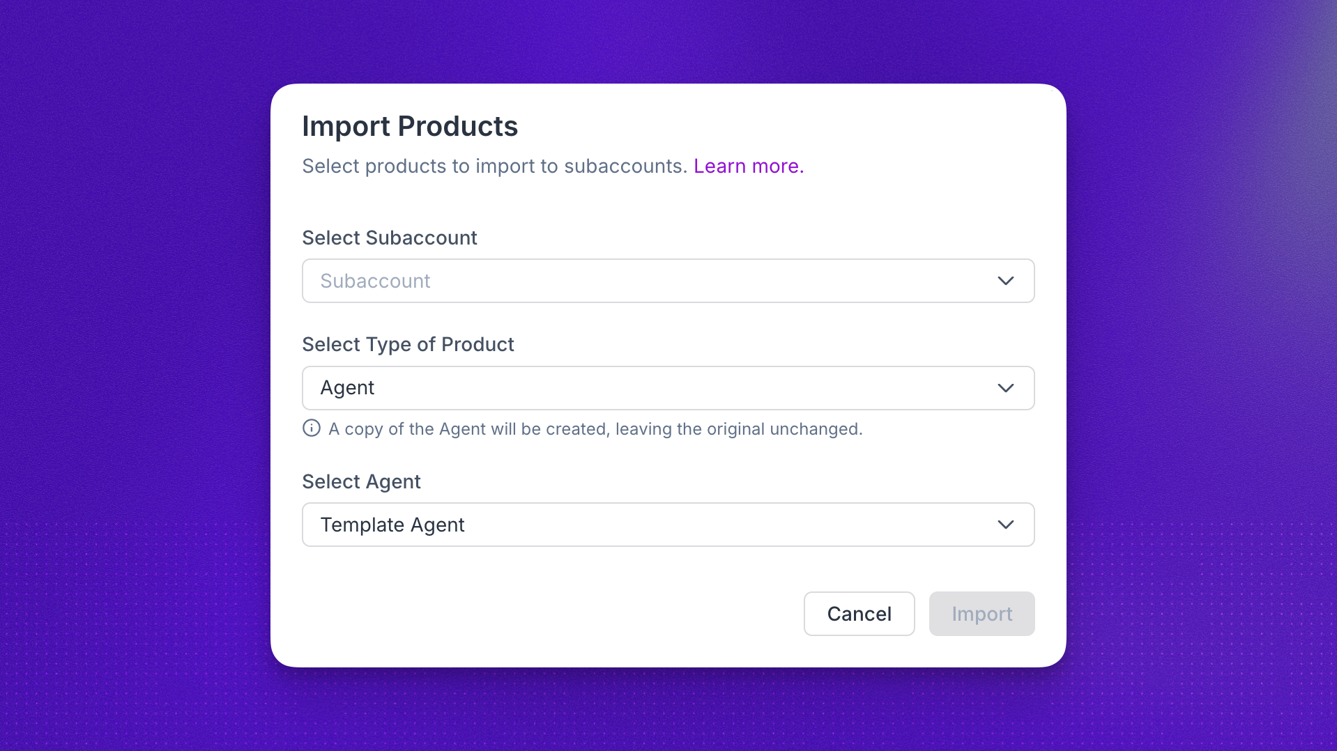 Products page Import button