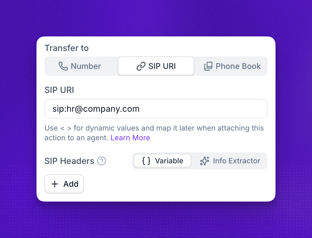 SIP transfer destination with a SIP URI and SIP headers in the call transfer action